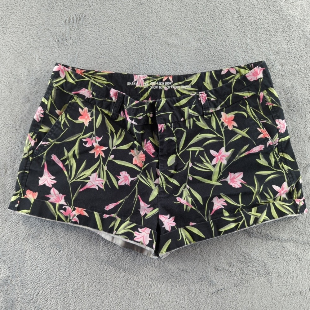 Gap Khakis City Shorts Womens 10 Black Floral Print Stretch Casual Summer 3 Inch